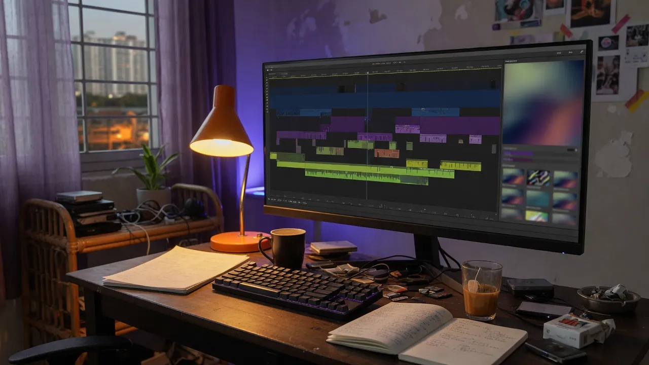 A video editor's desk at night, a wide monitor showing a dark timeline of colored clips and a glowing generate panel. No product logos.