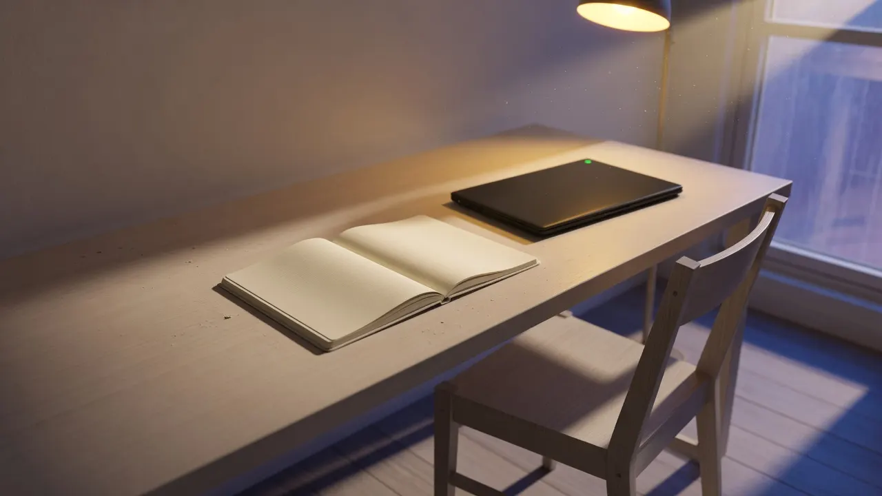 Kayu pucat di sore hari, buku catatan bergaris yang masih kosong di bawah lampu, laptop tertutup, dan kursi kayu.
