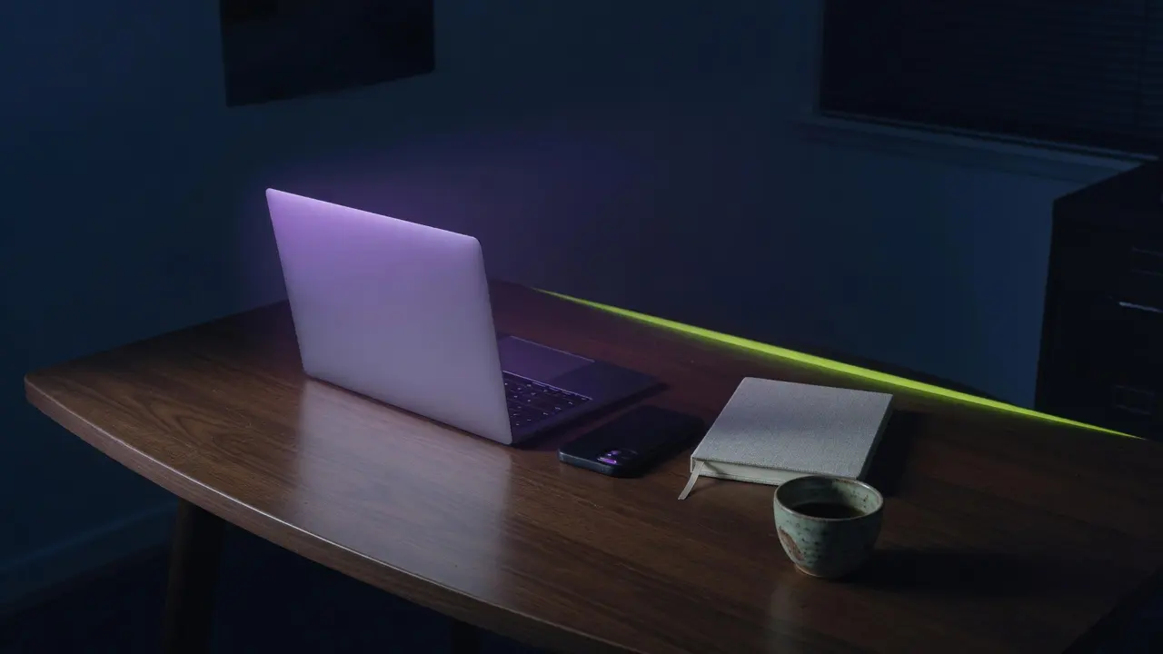 A night workspace: a laptop seen from behind with a soft purple glow, a face-down phone, a closed notebook, and a cup.