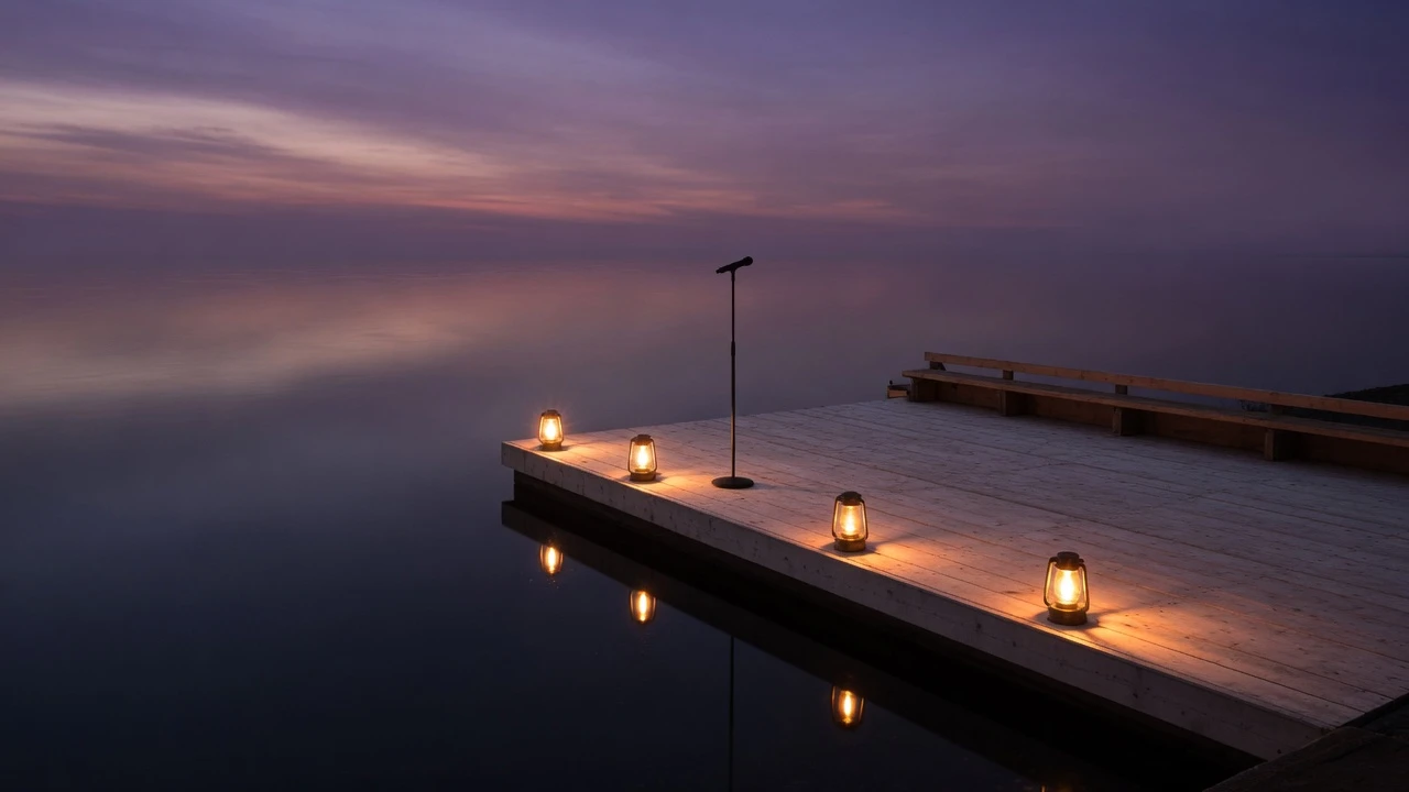An empty outdoor stage and a single microphone stand beside still water at dusk.