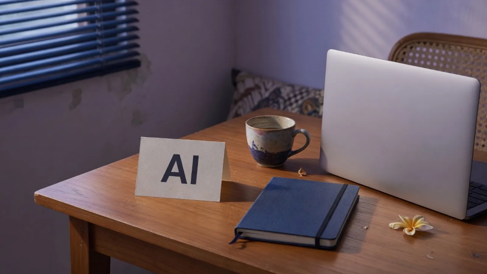 A quiet desk and laptop in navy-purple light, with a paper card marked AI. No platform logos.