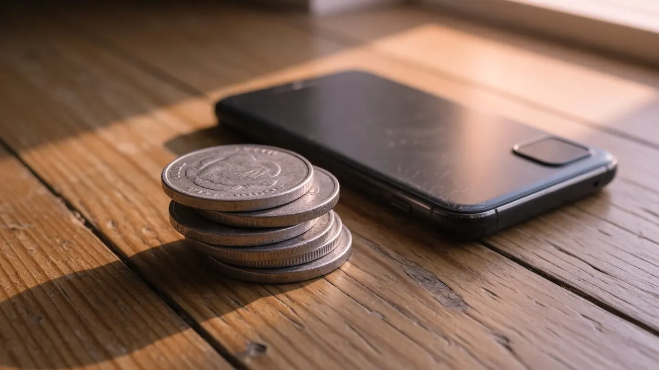 A phone face down beside a small stack of coins on wood, in late afternoon light.