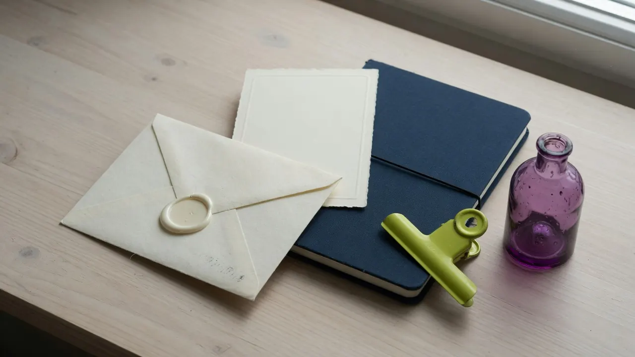 A sealed cream envelope with a blank wax seal, a blank cream card, a closed navy notebook, a lime clip, and a small violet glass bottle on pale wood by a window.