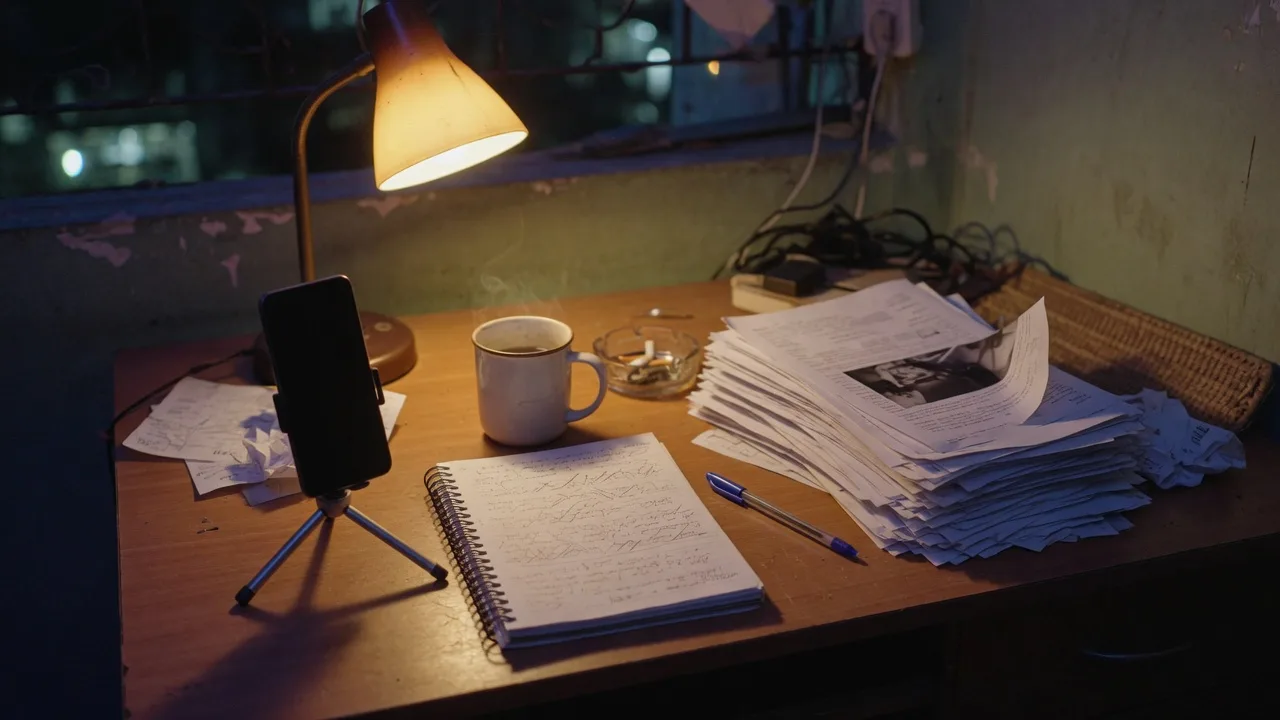 A night desk in a modest apartment: a phone on a small tripod, a handwritten notebook, and a stack of unmarked printed stills. No platform logos.