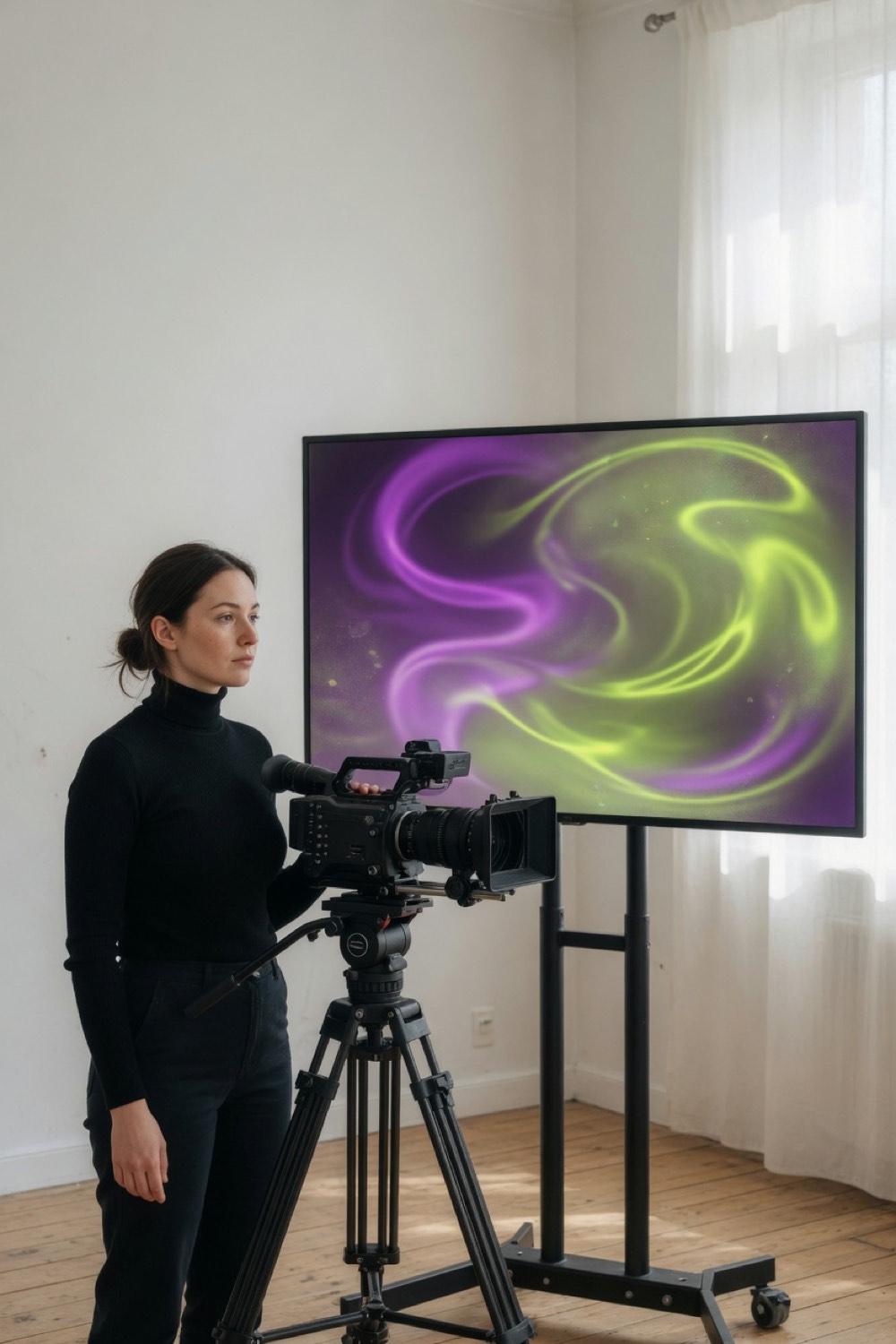 A person beside a cinema camera and a monitor of violet and lime light.